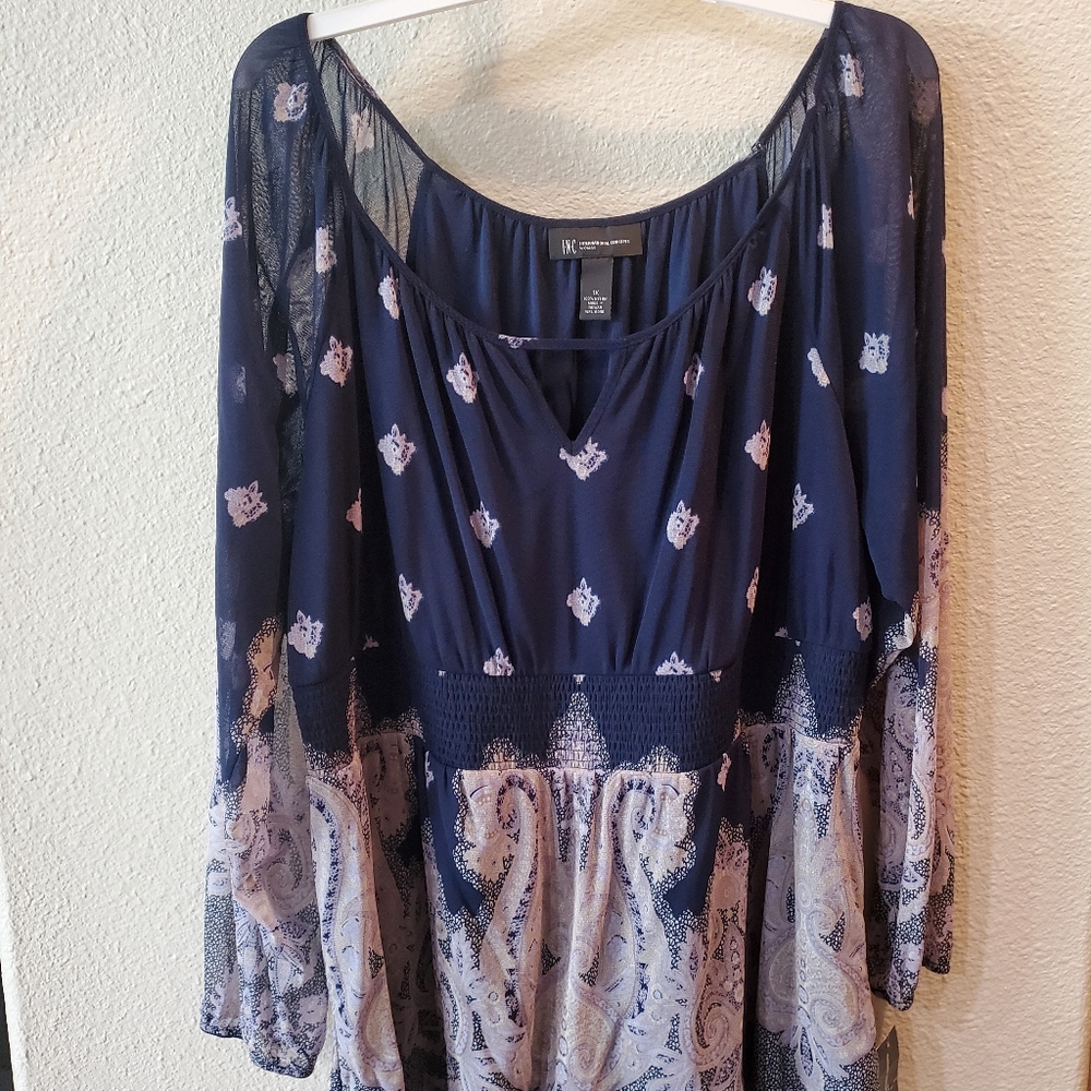 INC Blue/White Paisley Peasant Top